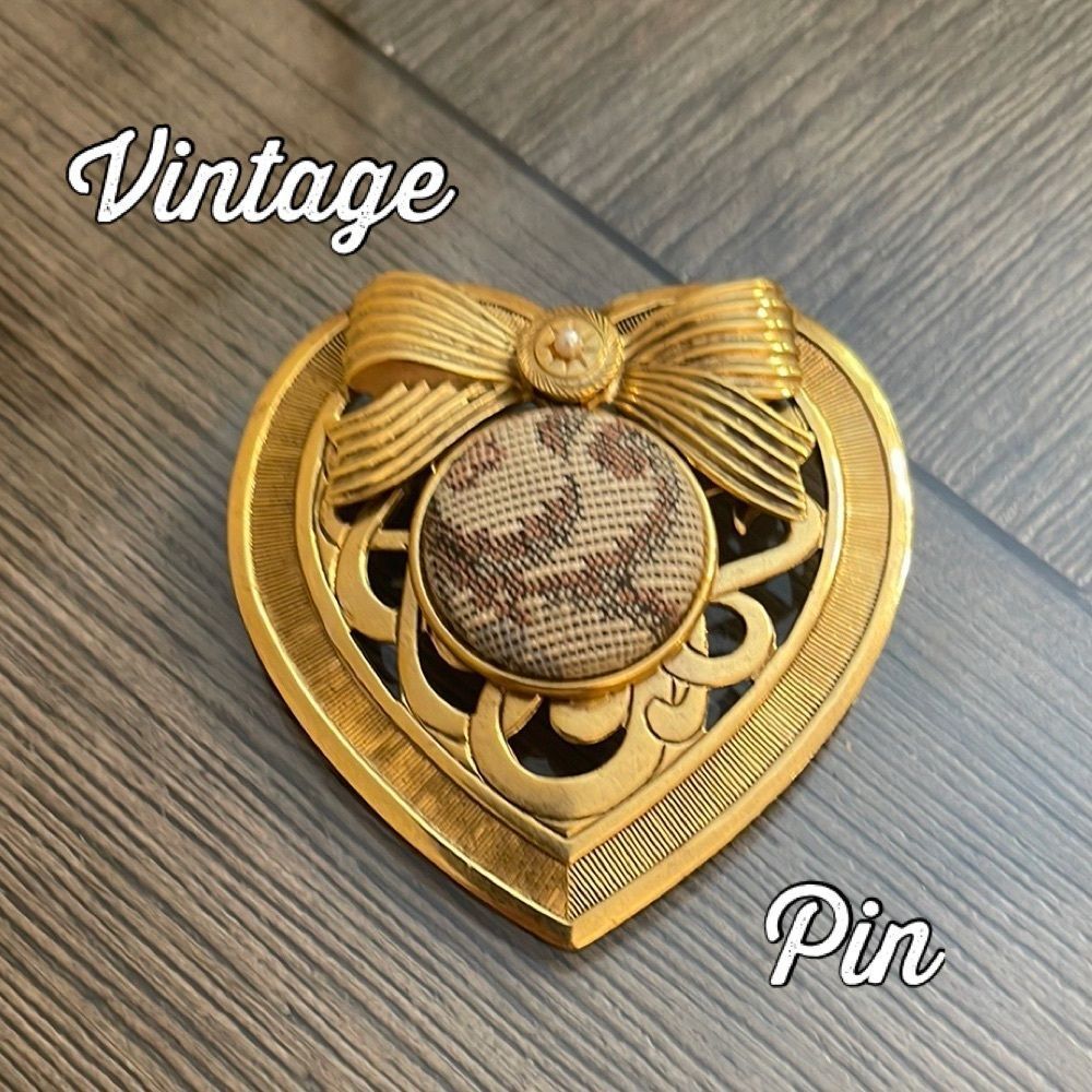Extra Large Gold Heart Brooch with Tapestry Button Accent